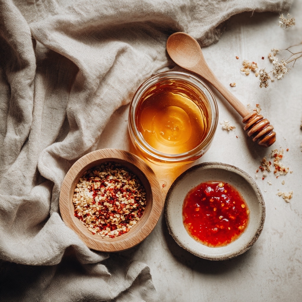 A clear glass jar filled with bright orange chili oil, showing red chili flakes suspended inside. The jar sits on a white plate with a black rim, and a whole dried red chili rests beside it on the plate. In the background, on a rustic wooden surface, there are two more whole dried red chilies slightly out of focus. The setting is simple and warm with natural light highlighting the glossy texture of the chili oil. The scene is set on a white marbled surface. photo taken with an iphone --ar 4:5 --v 7