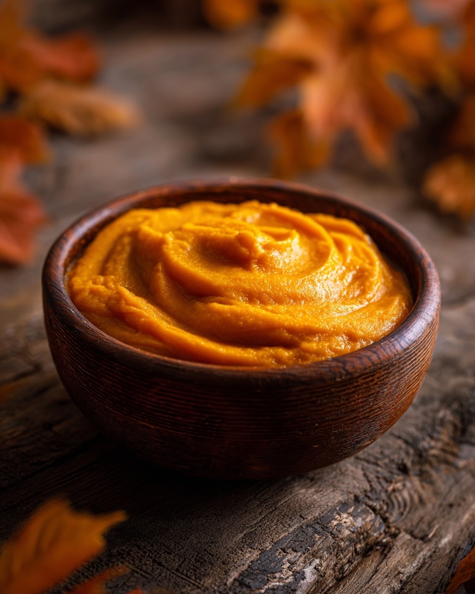 A dark brown wooden bowl filled with bright orange smooth pumpkin puree, showing soft swirls and a slightly glossy texture on top. The bowl sits on a rough wooden surface with some blurred orange autumn leaves in the background. Photo taken with an iphone --ar 4:5 --v 7