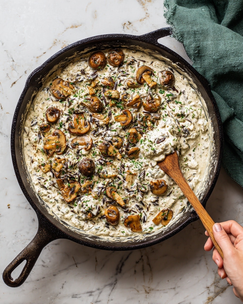 A large black cast iron skillet filled with a creamy baked dish that has a golden-brown top layer with melted cheese and sprinkled herbs. The dish shows green leafy vegetables and sliced mushrooms mixed in a pale yellow, creamy base. The surface is lightly browned around the edges, with small dark herb leaves scattered finely on top. The skillet is placed on a white marbled surface alongside a small white bowl with green herbs and a teal cloth napkin nearby. photo taken with an iphone --ar 4:5 --v 7