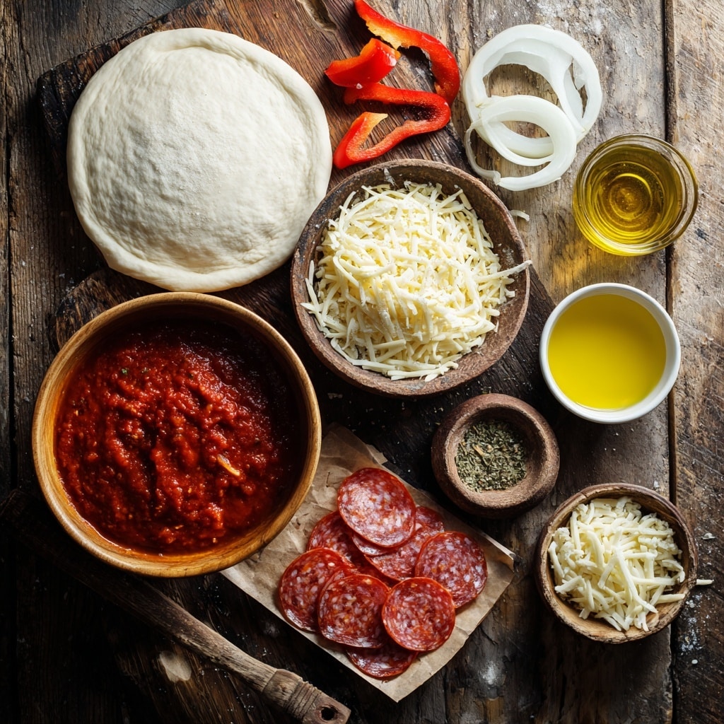 Two images side by side show the stages of making a pizza in a black cast iron skillet set on a white marbled surface. The left image has one layer: a pale beige pizza dough stretched to fit the pan with a raised edge forming a crust, speckled lightly with herbs on top, and a smooth texture. The right image shows the same dough layer topped with a thick, uneven layer of bright red tomato sauce mixed with melted yellow-orange cheese, spreading close to the crust edge but not over it, creating a vibrant contrast with the pale dough. photo taken with an iphone --ar 4:5 --v 7