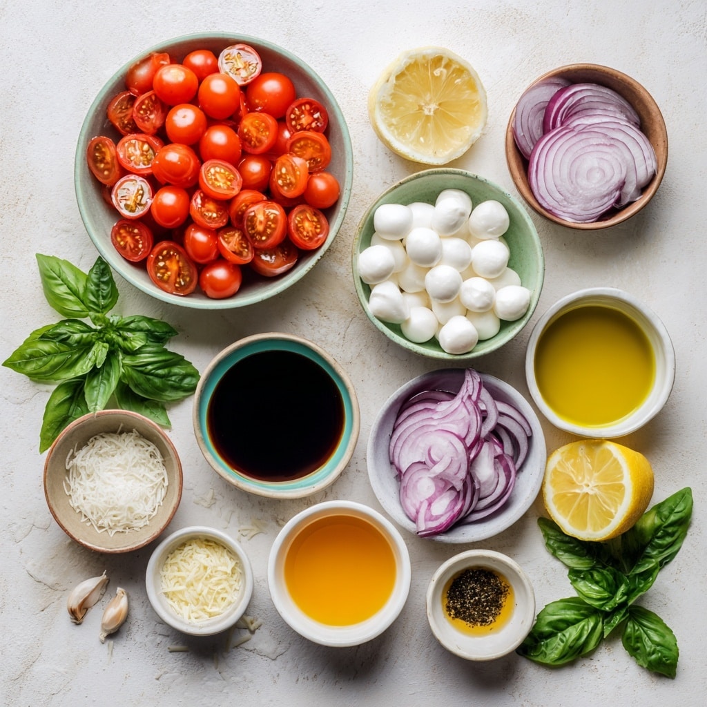 The image shows a white bowl with a colorful salad. The salad has four main layers grouped by type: sliced red cherry tomatoes on the right, whole cherry tomatoes in the center, small white mozzarella balls at the bottom, thinly sliced dark green basil leaves on the left, and thin slices of purple onion on the far right. The second part of the image shows the same salad mixed together, with the red tomatoes, white mozzarella, green basil, and purple onion evenly spread and mixed, with a silver spoon resting inside the bowl. The bowl is on a white marbled surface with a white cloth and some green basil leaves nearby. Photo taken with an iphone --ar 4:5 --v 7