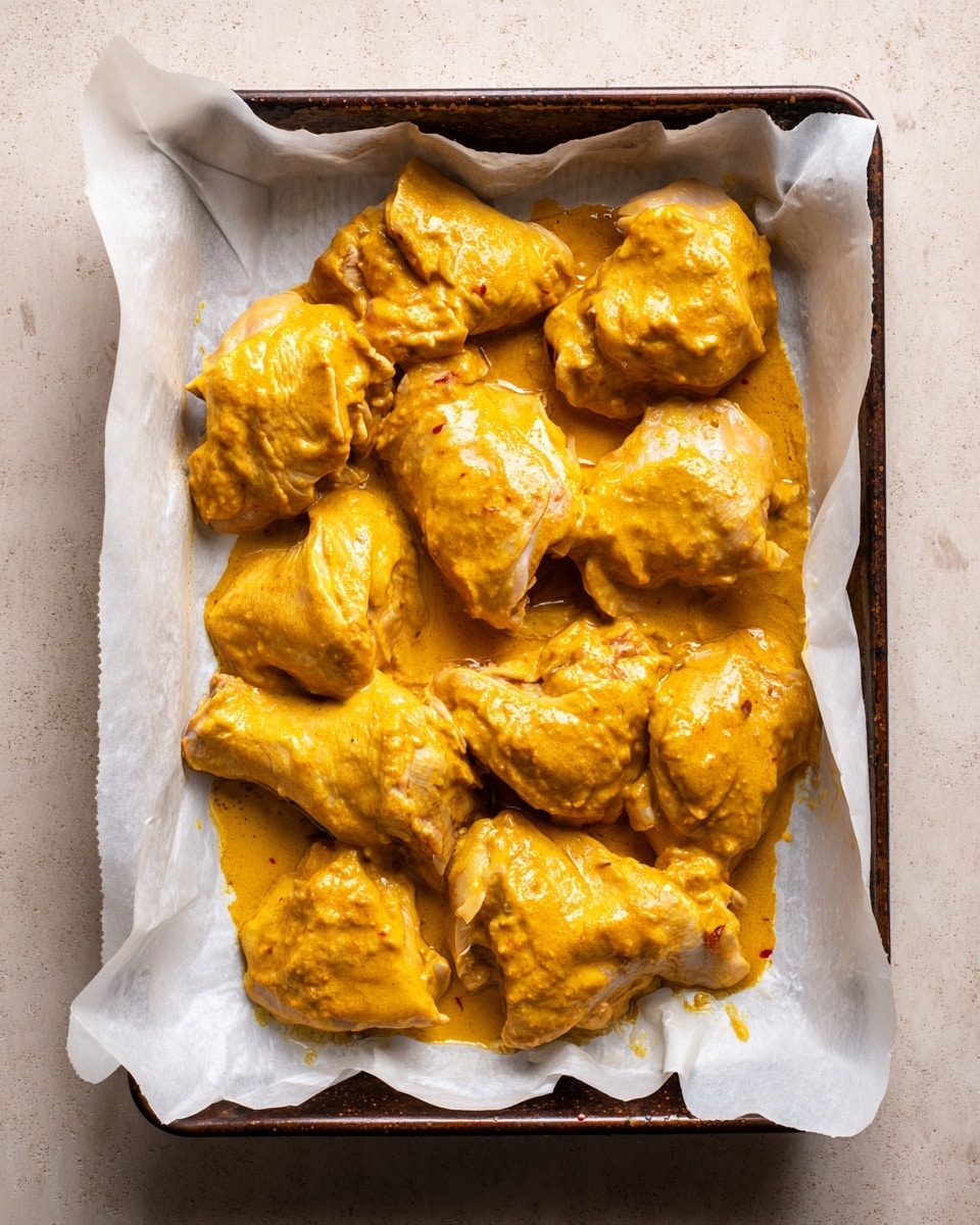 A baking tray lined with white parchment paper holds ten raw chicken pieces covered in a thick, yellow-orange marinade. The chicken pieces vary in size and shape, each coated evenly with the sauce that has a smooth texture with some small chunks visible. The tray edges are dark metal, and the tray rests on a surface that is not fully visible but has a neutral color. photo taken with an iphone --ar 4:5 --v 7