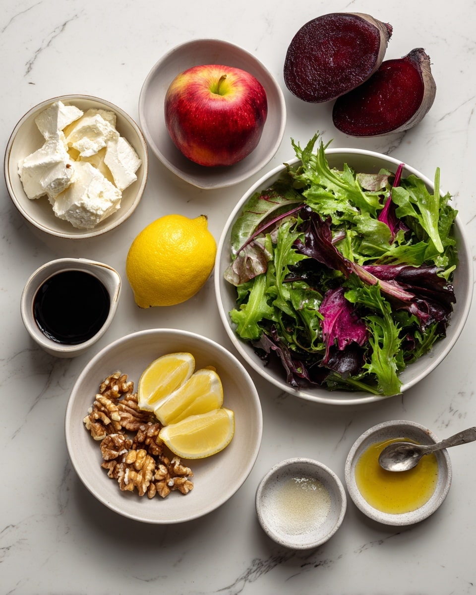 The image shows a flat lay of ingredients arranged on a white marbled surface. There is one whole red and yellow apple in a white bowl, four peeled dark red beets in another white bowl, and a bunch of mixed green and purple leafy salad in a large white bowl. A small white bowl contains white soft cheese, while a separate white bowl is filled with halves of walnut pieces. A small dish holds two thick yellow lemon slices, and beside it, a tiny white bowl contains a dark balsamic liquid. There is also a small bowl with olive oil and a small dish holding a spoon with honey. Lastly, a tiny bowl contains a pinch of white powder. photo taken with an iphone --ar 4:5 --v 7
