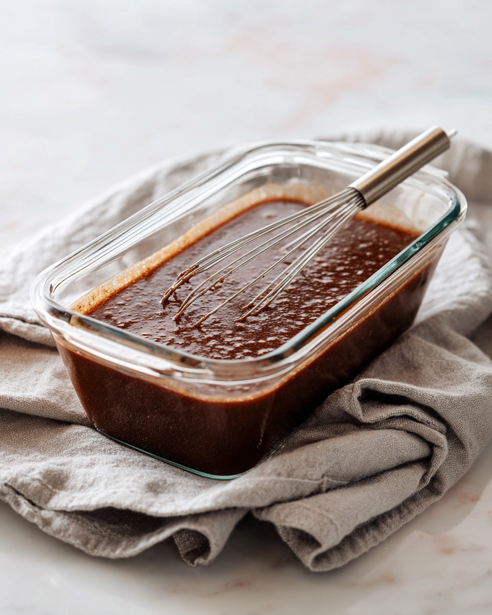 A clear glass rectangular container filled with a single layer of thick, dark brown mixture that looks smooth with tiny bubbles on its surface. Inside the container is a metal whisk resting partly submerged in the mixture. The container sits on a soft, light gray cloth with visible folds and texture. The background is a white marbled surface with a subtle pinkish tone. photo taken with an iphone --ar 4:5 --v 7