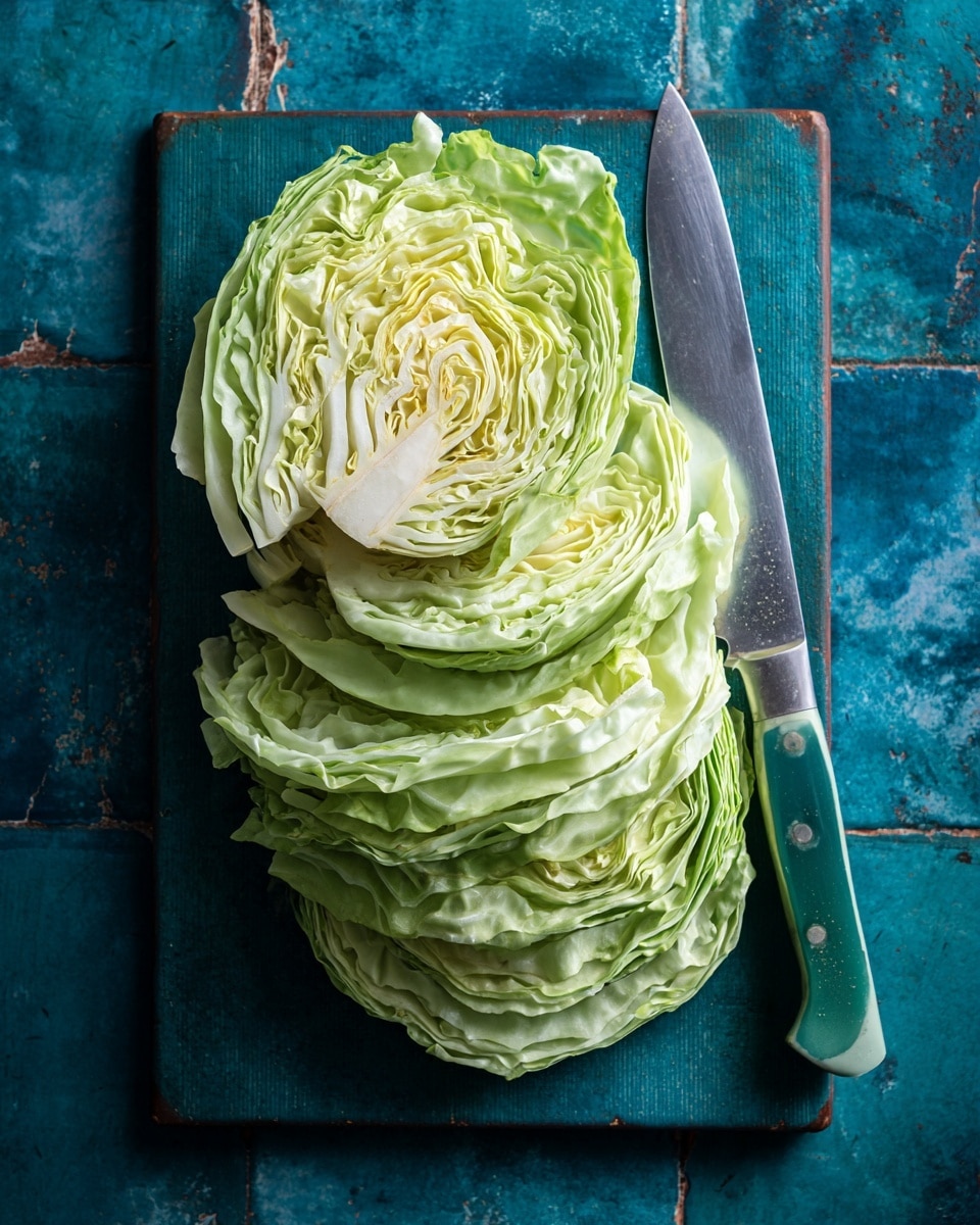 The image shows thin slices of light green cabbage piled in the middle of a dark teal cutting board. There is a large knife with a green handle resting on the right side of the cutting board, partially touching the cabbage. The background is made up of blue tiles with some wear and texture. The photo was taken from above with even lighting, showing clear details of the cabbage's layers and the cutting board's surface. photo taken with an iphone --ar 4:5 --v 7