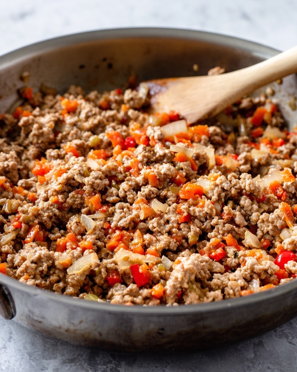 A close-up view of a large metal pan filled with cooked ground beef mixed with small pieces of orange and red bell peppers and translucent cooked onions. The ground beef is light brown and crumbly, evenly mixed with the diced vegetables. The pan’s inside surface is slightly shiny and dark, contrasting with the colorful ingredients. The background is a white marbled texture. photo taken with an iphone --ar 4:5 --v 7