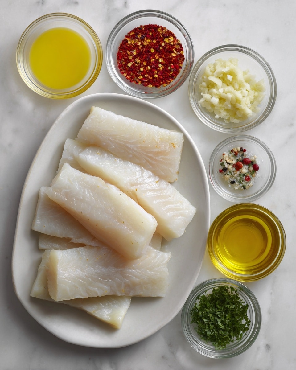 The image shows six pieces of white fish fillets with a smooth and slightly shiny texture, arranged on a white oval plate placed on a white marbled surface. Surrounding the plate are six small glass bowls: one containing a bright yellow melted butter sauce at the top left, another with a mix of red paprika, black pepper, and white salt in a white bowl below it. Below that is a bowl with golden olive oil. At the bottom center are two small glass bowls, one with finely chopped garlic and the other with chopped fresh green herbs. To the right is another bowl with a light yellow lemon juice mixture. All elements are neatly organized to show the ingredients for cooking fish. Photo taken with an iphone --ar 4:5 --v 7