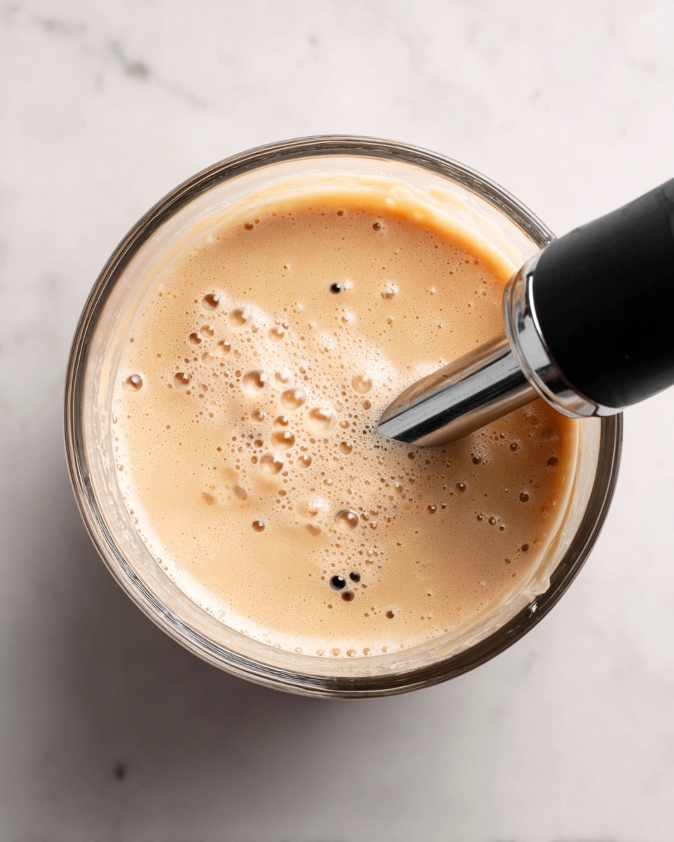 The image shows a close-up view of a glass container filled with a light tan, creamy mixture with small bubbles on its surface. A black and silver immersion blender is partially immersed, blending the mixture. The clear glass container sits on a white marbled surface, and the lighting emphasizes the smooth texture of the mixture inside. Photo taken with an iphone --ar 4:5 --v 7