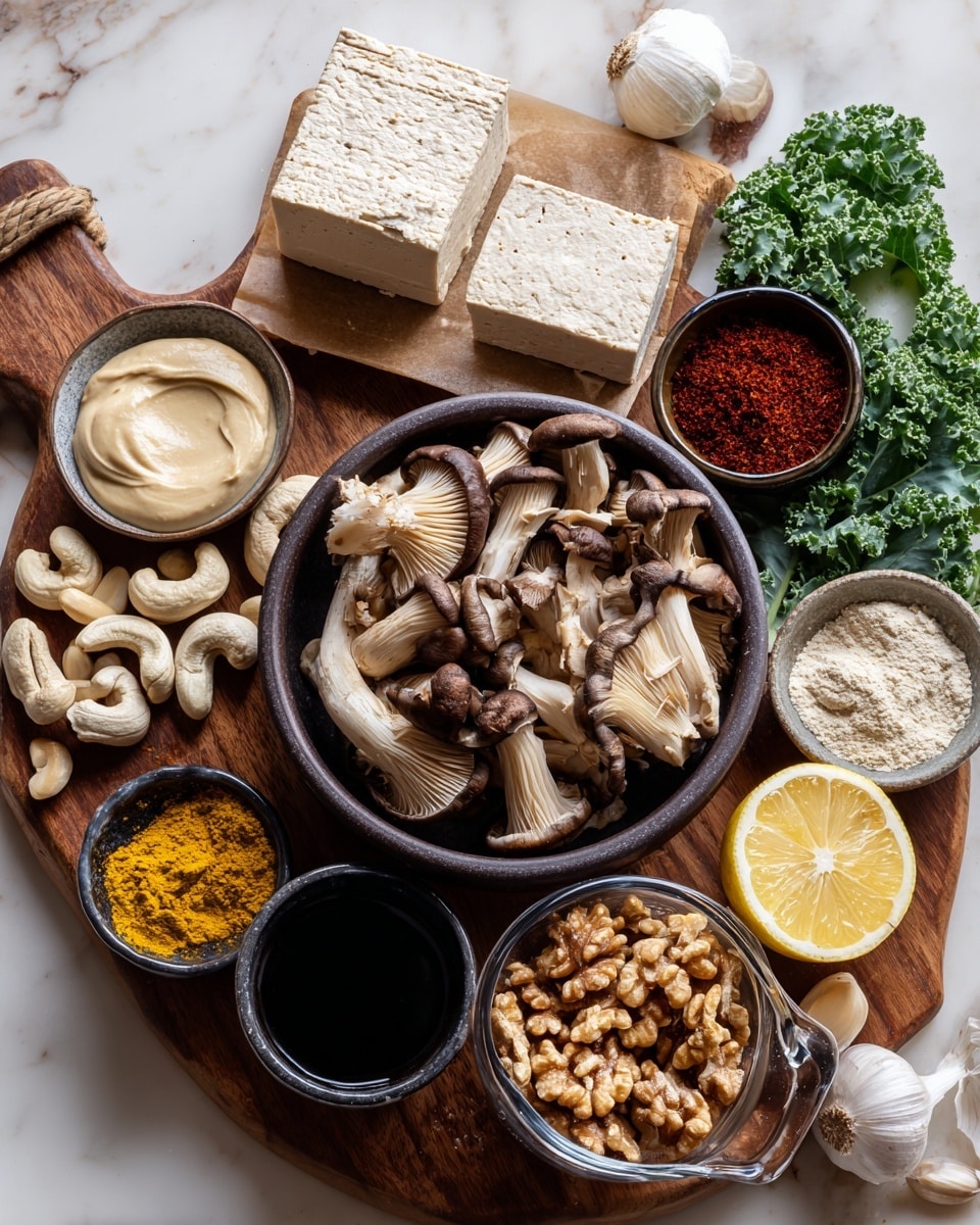 A large dark bowl filled with a mix of various mushrooms like brown and oyster mushrooms sits in the center on a wooden surface. Surrounding the bowl are small white bowls holding white cashew nuts, dark soy sauce, ground spices in reddish and cream colors, and yellow nutritional yeast. There is a wooden board with a block of light brown tofu next to a black bowl of creamy mustard. Fresh green kale leaves and a whole garlic bulb are placed near the top right. Half a lemon with bright yellow skin and juicy pale yellow inside rests near the bottom center, alongside a transparent measuring cup filled with brown textured ground walnuts. The scene is set on a white marbled textured background. photo taken with an iphone --ar 4:5 --v 7