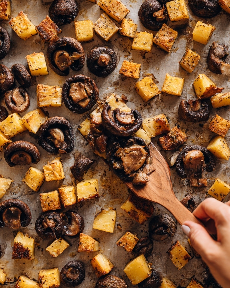 The image shows a close-up of a white textured baking sheet with roasted mushrooms and cubed potatoes scattered across it. The mushrooms are dark brown and slightly crispy on the edges, while the potato cubes are golden brown and evenly roasted. A woman's hand holding a spatula with a wooden handle is lifting some of the roasted pieces, revealing the textured surface of the baking sheet below. The colors are warm and earthy, with a mix of dark and light browns and some subtle shine on the veggies from the roasting process. photo taken with an iphone --ar 4:5 --v 7