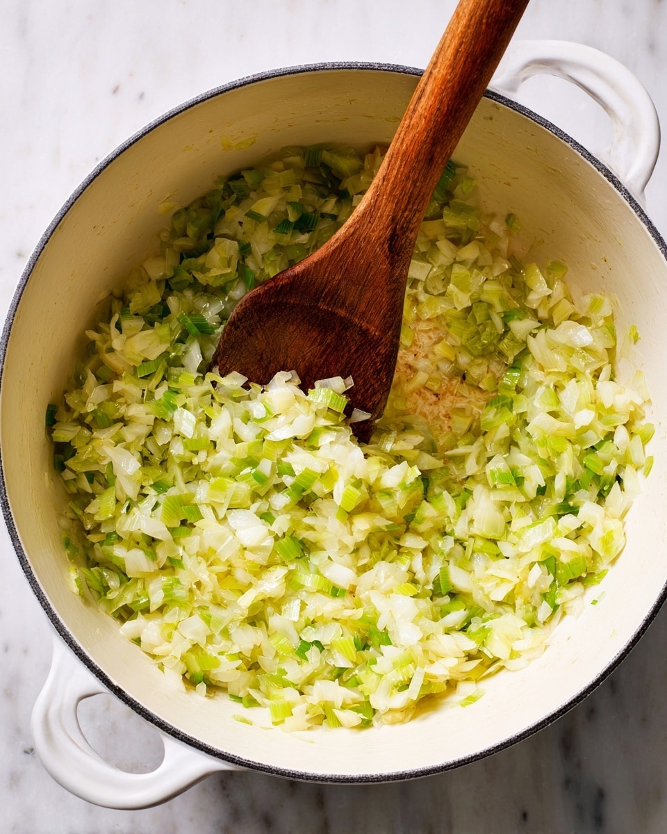 A white pot filled with finely chopped light green and pale yellow vegetables, likely onions and celery, being stirred with a dark wooden spatula inside the pot. The vegetables are spread evenly, showing some slight cooking or softening. The pot is placed on a white marbled surface. photo taken with an iphone --ar 4:5 --v 7