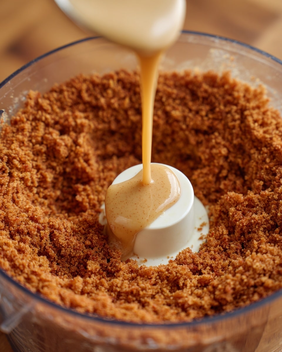 Inside a clear food processor bowl, there is a thick layer of fine, crumbly reddish-brown crumbs pressed against the sides. In the center, a shiny, light beige liquid is being poured from a spoon, pooling over the crumbs near the white plastic blade in the middle. The background shows a wooden surface, replaced by a white marbled texture. The image focuses closely, highlighting the textures and colors. Photo taken with an iphone --ar 4:5 --v 7