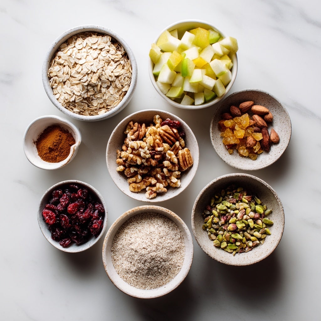 A white bowl is filled with three main layers: the bottom layer is a mix of oatmeal, sliced almonds, walnuts, and dried fruit, all light brown with scattered dark pieces; on top of this is a layer of shredded light pink fruit or vegetable; the top layer is white yogurt mixed with more shredded pink bits and some dark berries, covering half the bowl unevenly. Around the bowl on a white marbled surface, there is a yellow lemon, a small white bowl with almond slices, and a small dark dish of dried berries. A woman's hand is pouring white milk from a silver measuring cup into the bowl. photo taken with an iphone --ar 4:5 --v 7