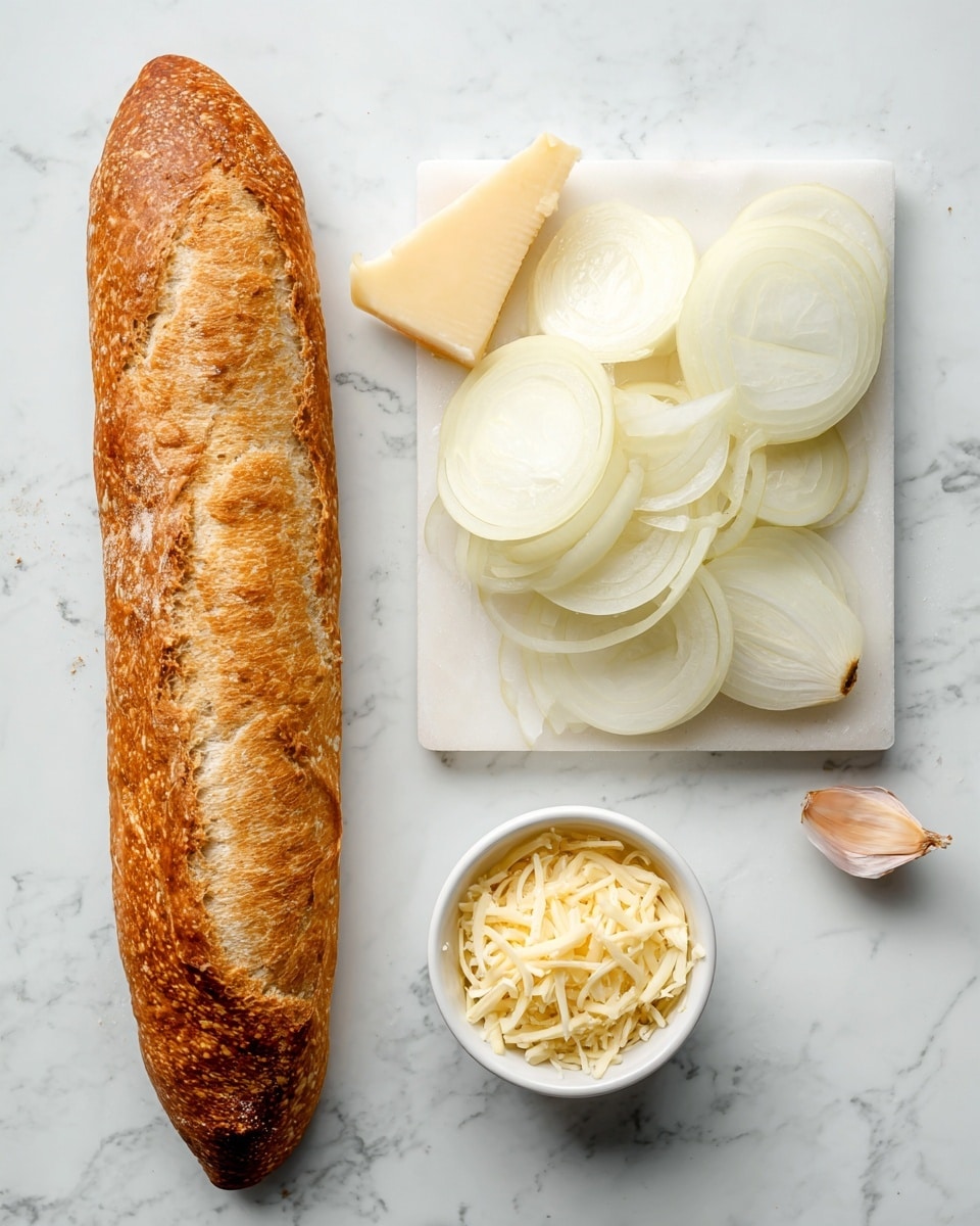 A long crusty baguette with a golden-brown crust lies on the left side of a white marbled surface. Next to it on the right is a transparent cutting board holding a pile of sliced white onions with smooth curved layers and a shiny juicy texture. Below the cutting board, there is a small white cup filled with pale yellow shredded cheese, soft and slightly curly. The overall scene has a clean, simple look with fresh ingredients ready to use photo taken with an iphone --ar 4:5 --v 7