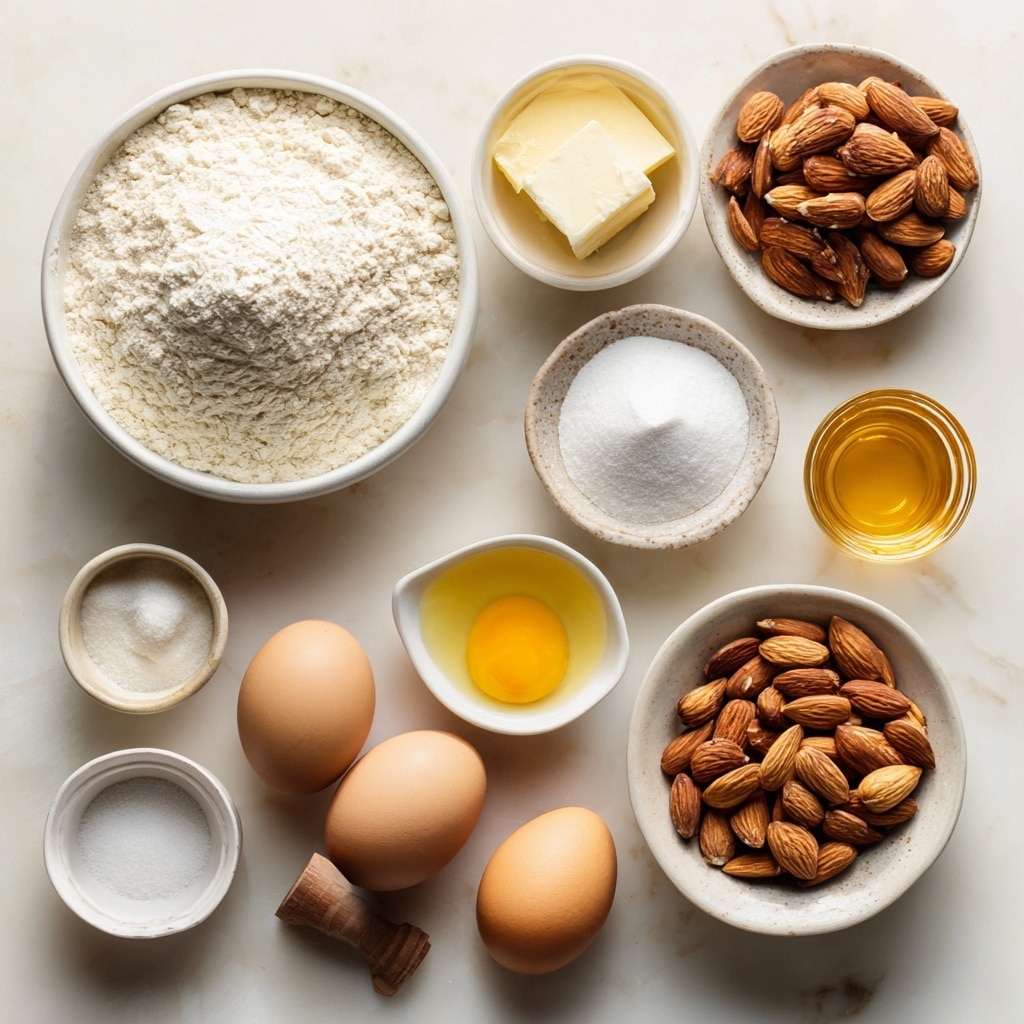 The first image shows a close-up of a mound of white flour with a raw egg yolk cracked open in the center, the yellow yolk surrounded by the flour's rough, powdery texture. The second image shows a rectangular block of yellow dough mixed with chopped nuts spread evenly inside it, placed on a brown parchment paper. Both images are on a white marbled surface. photo taken with an iphone --ar 4:5 --v 7