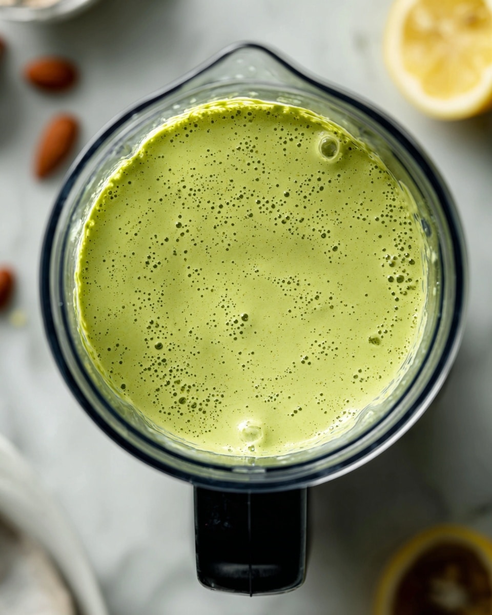 The image shows a close-up top view of a blender container filled with thick, light green sauce or mixture. The surface of the sauce appears slightly textured with small bubbles and smooth patches throughout. The blender container is clear with black edges at the bottom and sits on a white marbled surface. There is a partial view of a lemon half and some scattered ingredients blurred in the background on the right side. Photo taken with an iphone --ar 4:5 --v 7
