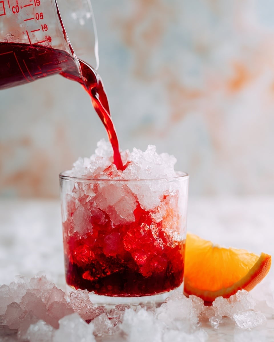A round, clear glass cup is filled with crushed ice that almost reaches the rim, showing a white and translucent texture. Bright red liquid is being poured into the glass from a clear measuring cup with red measurement marks, creating a swirling mix with the ice. The glass is placed on a bed of crushed ice on a white marbled surface, with a single orange slice nearby on the right side. The background is softly blurred with light tones, making the bright red liquid and ice stand out. photo taken with an iphone --ar 4:5 --v 7