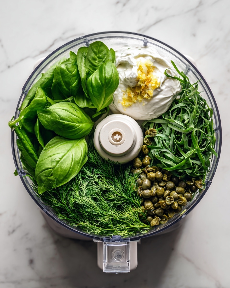 A white bowl holds a fresh salad with a base layer of creamy green herb sauce spread thinly along the bottom. On top, there are slices of yellow potatoes mixed with bright green beans and green asparagus, all topped with thin, round slices of cucumber. Two halves of a boiled egg with a bright yellow yolk sit near the edges, and small sprigs of fresh dill are scattered around, adding texture and a pop of darker green. The background is a white marbled surface. photo taken with an iphone --ar 4:5 --v 7