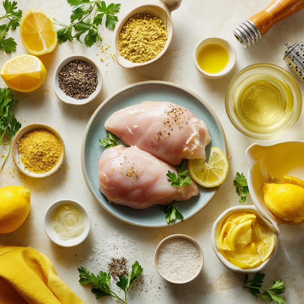 A black cast iron pan holds four pieces of cooked chicken with a golden brown color, topped with small green herb leaves and black peppercorns. Each chicken piece has a thin slice of bright yellow lemon on top, slightly translucent. The pan is placed on a white marbled surface with two whole bright yellow lemons nearby on the left side. A small white bowl filled with chopped green herbs sits near the top. Some scattered herbs and peppercorns are on the marble surface. A beige linen cloth is partially visible in the bottom left corner. Photo taken with an iphone --ar 4:5 --v 7