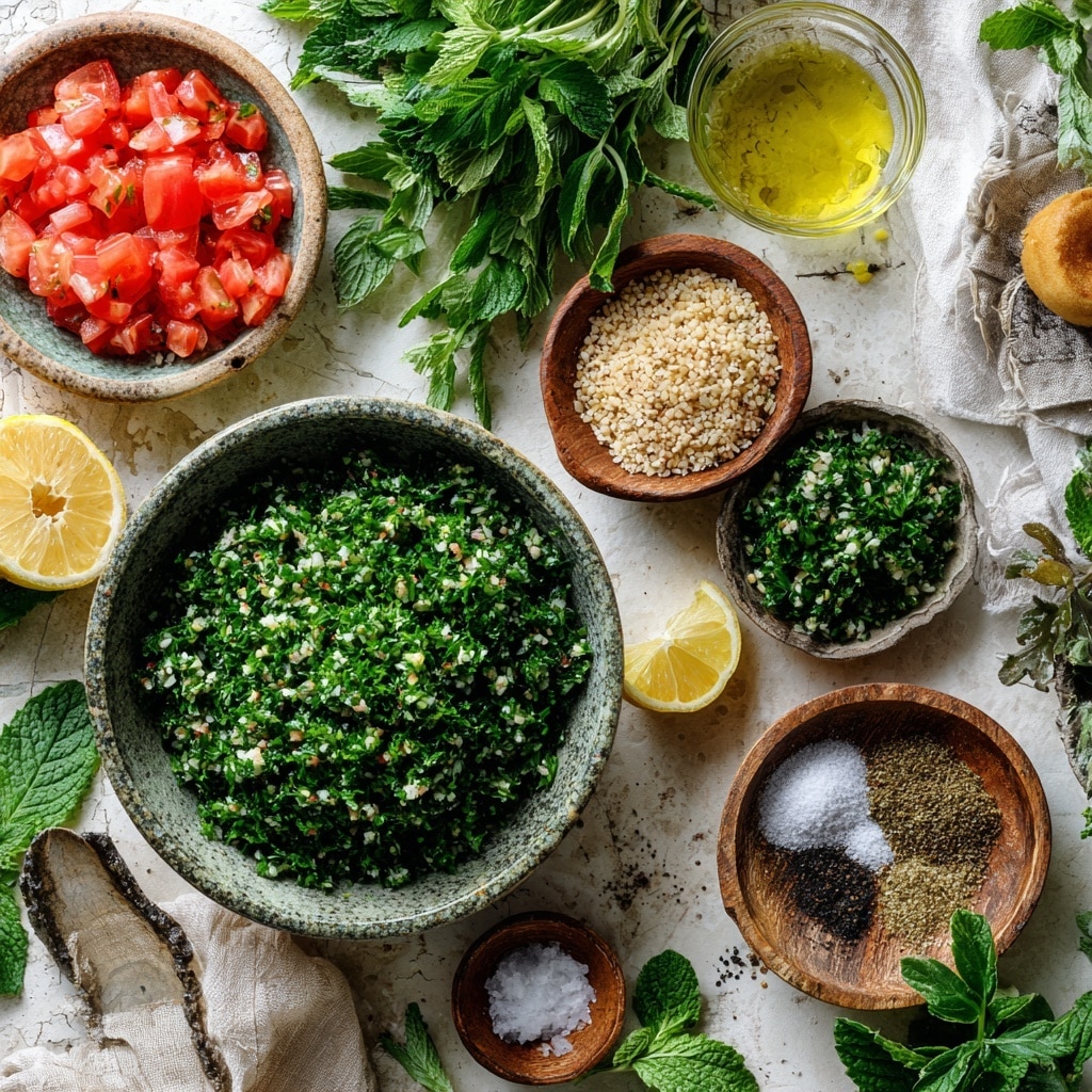A bowl with two brown stripes along the rim holds a finely mixed green salad with small, bright red diced tomatoes and tiny white grains scattered evenly throughout. A silver spoon is placed inside the bowl on the right side, slightly buried in the salad. The bowl sits on a wooden round board with a pale beige cloth draped softly in the top right corner. The surface beneath is white with a marbled texture. photo taken with an iphone --ar 4:5 --v 7