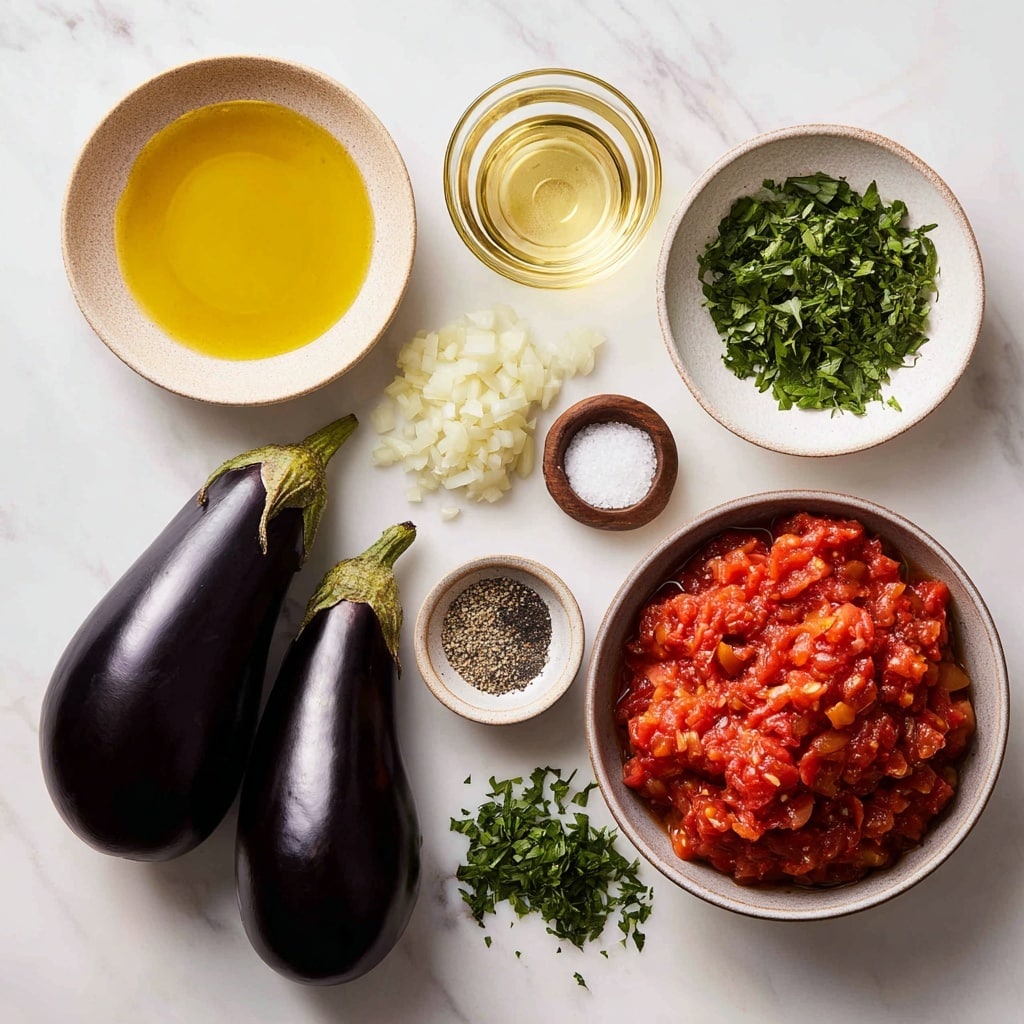 The image shows a white dish with four halved eggplants filled with a mix of finely chopped vegetables and grains, their skin dark purple and edges slightly browned. Each filled eggplant half is topped with a red tomato sauce and sprinkled with chopped green herbs. The dish has some tomato sauce spread at the bottom, creating a rich red base around the stuffed eggplants. A spoon rests inside the dish on the left side, and a beige cloth with brown lines is placed beside the dish on a white marbled surface. photo taken with an iphone --ar 4:5 --v 7
