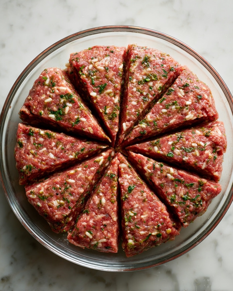A clear glass bowl sits on a white marbled surface, filled with one layer of raw ground meat mixed with small white rice pieces and green herbs. The meat mixture is shaped into a round, flat disk and divided into ten triangular wedges by visible cuts from the center to the edge. The texture looks soft and slightly moist with visible bits of rice and herbs mixed evenly. Photo taken with an iphone --ar 4:5 --v 7