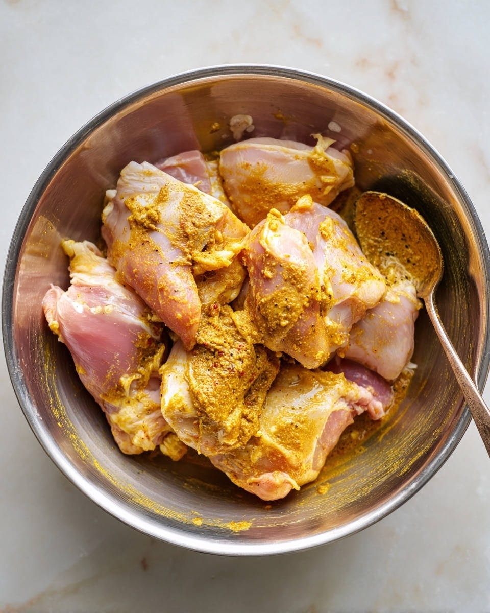 Inside a large metal mixing bowl, there are several pieces of raw chicken thigh meat, marinated with a light coating of yellow-orange spices. The chicken pieces are pale pink with some white fatty edges and have a slightly wet and smooth texture. The seasoning is unevenly spread, creating patches of mustard yellow and light brown over the meat. A rustic, old metal spoon with a bit of the same marinade sits on the side inside the bowl. The bowl is placed on a white marbled surface. photo taken with an iphone --ar 4:5 --v 7