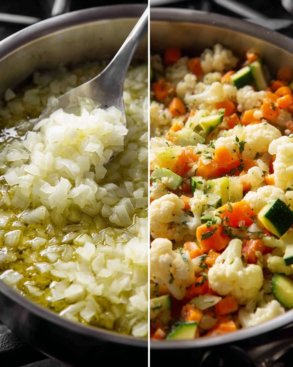 The image shows two side-by-side photos of a silver pot on a black stove. The left photo has finely chopped white onions cooking in oil, with a silver spoon stirring them. The onions are soft and light yellow. The right photo shows the same pot filled with mixed cooked vegetables including white cauliflower pieces, green zucchini slices, and orange carrot slices, all mixed together and lightly cooked with visible herbs. The background is not visible, focusing only on the pot and contents. photo taken with an iphone --ar 4:5 --v 7