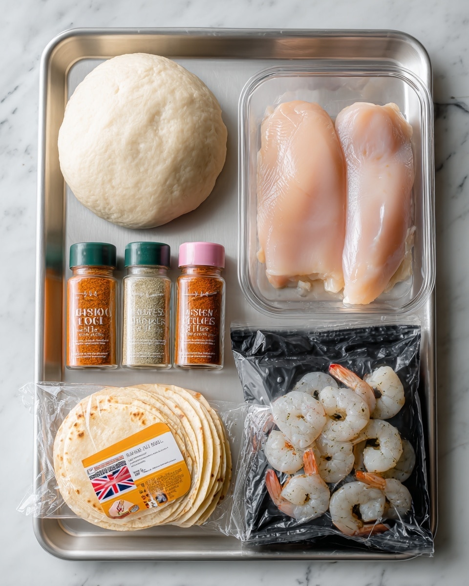 The image shows a metal tray on a white marbled surface with several cooking ingredients arranged neatly. On the top left is a smooth, round ball of dough with a pale cream color. Below the dough, three small spice bottles are lined up horizontally: the first has a green cap labeled garlic granules with beige contents, the second has a pink cap labeled cajun seasoning with an orange powder inside, and the third has a white cap labeled chili and garlic seasoning with a reddish-orange powder. On the right side of the tray, there is a clear plastic container with two light pink chicken fillets inside, labeled with a British flag. Below the chicken fillets is a black bag labeled raw jumbo king prawns showing some pale gray prawns visible through a small clear window. At the bottom left corner is a plastic package of eight wheat and corn tortillas with a yellow and orange label featuring an image of rolled and stuffed tortillas. The photo taken with an iphone --ar 4:5 --v 7