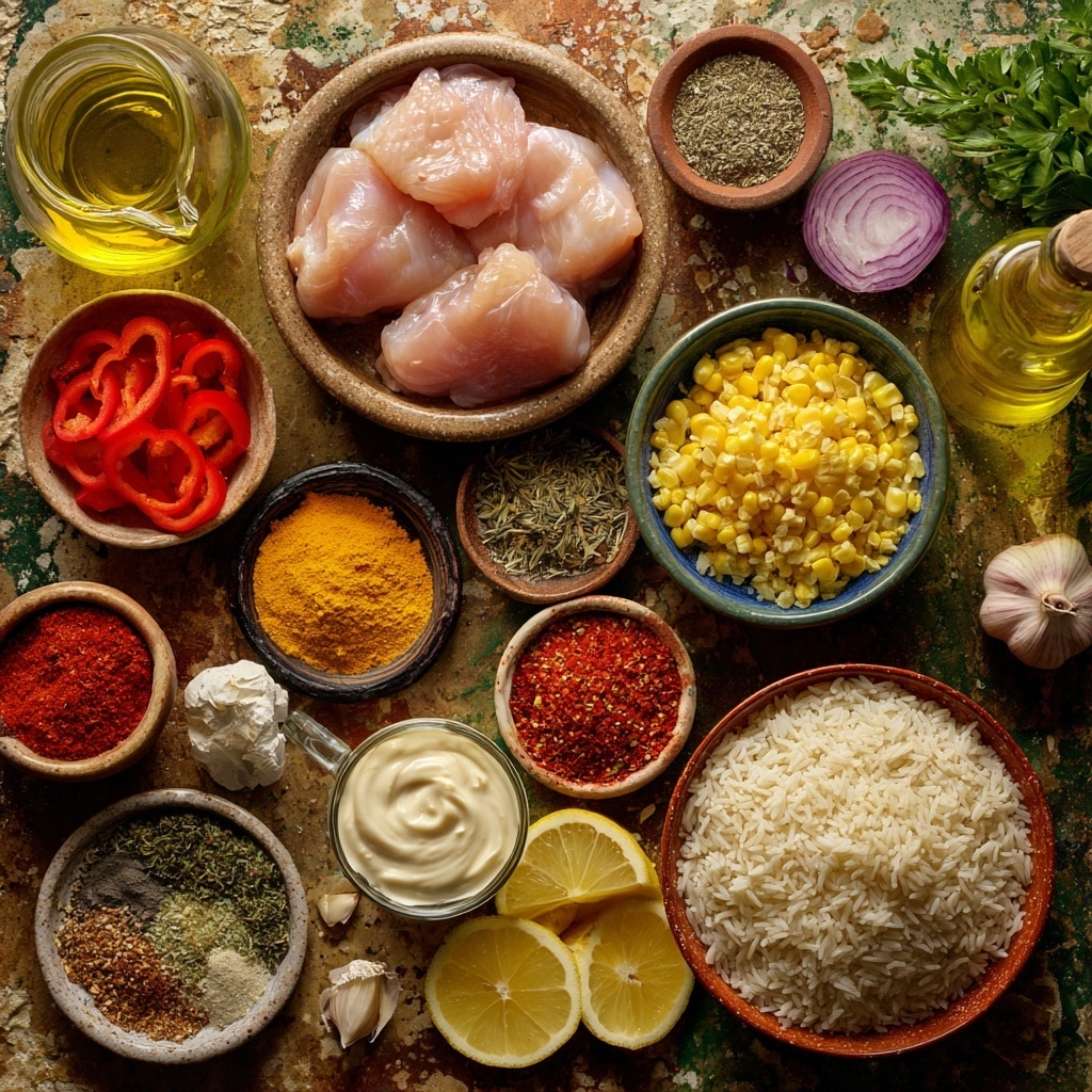 A round white bowl holds a serving of two main layers. On the left side, there is a thick layer of yellow rice mixed with small pieces of corn and red bell pepper, adding texture and color. On the right side, there are three pieces of grilled meat with a dark brown, slightly charred texture. These pieces are covered with a smooth light orange creamy sauce that drapes over the meat in an uneven way. The bowl is placed on a white marbled surface with a white cloth partially visible in the top left corner. photo taken with an iphone --ar 4:5 --v 7