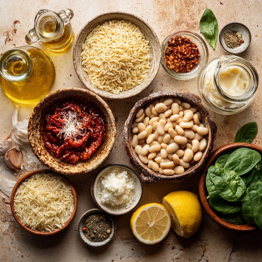 Two images side by side show a cooking pan with a wooden and white handle on a stove with a white marbled surface. The left image has three main layers: the bottom layer shows some cooked red bits, the middle layer has a large pile of dry yellow orzo pasta, and the top layer has a small pile of light beige beans placed in the center. The right image shows the same pan, but now the contents are fully mixed and cooked, showing a uniform reddish-orange color with the beans and orzo combined, appearing soft and coated with sauce. Photo taken with an iphone --ar 4:5 --v 7