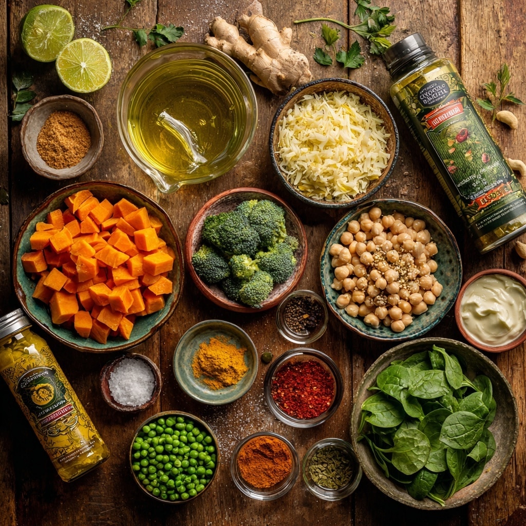 In a black cooking pot with white handles, there is a yellow-orange mixture of cooked onions and spices in the center, showing a slightly crumbly texture. A wooden spoon with a long handle rests inside the pot, partially covering the mixture. The pot sits on a white marbled surface surrounded by some green spinach leaves, a few cashew nuts, green and red chili peppers, a piece of orange turmeric root, and a blue cloth on the side. The overall scene looks like a cooking process with fresh ingredients nearby. photo taken with an iphone --ar 4:5 --v 7
