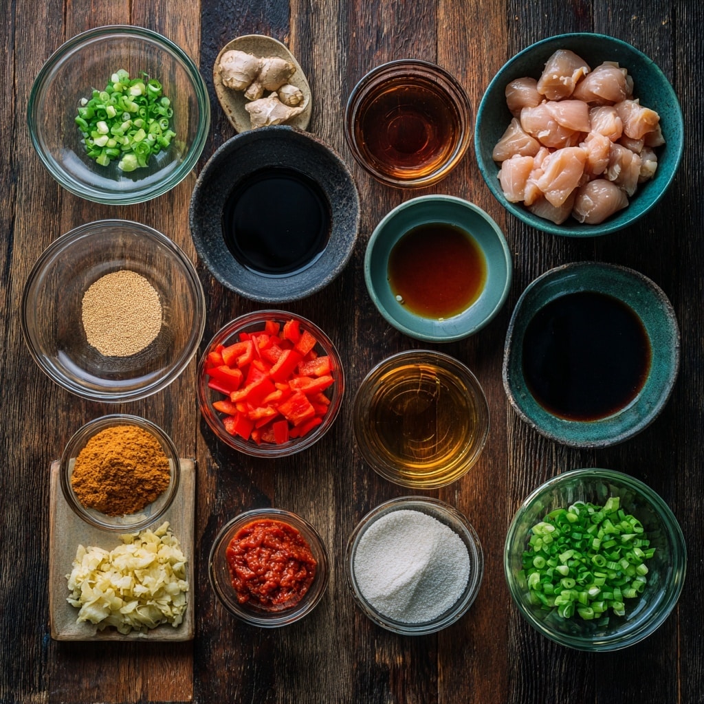 A white speckled bowl holds two main layers: the bottom layer is fluffy white rice with loose grains, and the top layer is a glossy dark brown stir-fry sauce coating tender slices of meat, bright red bell pepper strips, and green onion pieces. The stir-fry ingredients have a shiny, slightly thick texture and are scattered evenly over the rice. The dish is garnished with small green onion slices for a fresh touch. The bowl sits on a white marbled surface, and nearby are a white plate stacked with forks and spoons, a small bowl of black pepper, and part of a black pan showing more stir-fry. Photo taken with an iphone --ar 4:5 --v 7
