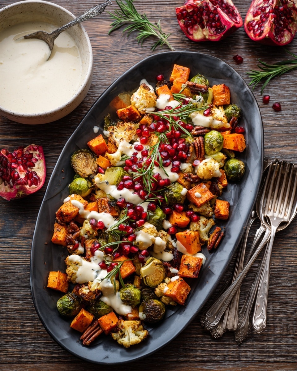 Oven Roasted Vegetables with Maple Tahini Sauce and Pomegranate Garnish Recipe