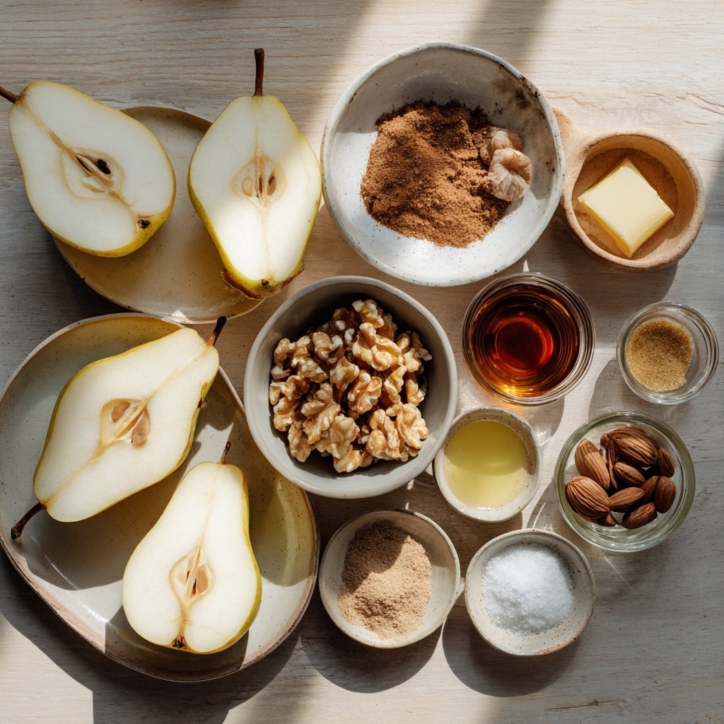 The image shows eight pear halves arranged inside a white rectangular baking dish with a golden syrupy sauce spreading across the bottom. Each pear half is filled with a dark brown nutty mixture that has a slightly rough texture, contrasting with the soft, light brown flesh of the pears. The syrup around the pears reflects light, giving a glossy look. The stems remain attached to the pears, and the dish is placed on a white marbled surface. photo taken with an iphone --ar 4:5 --v 7