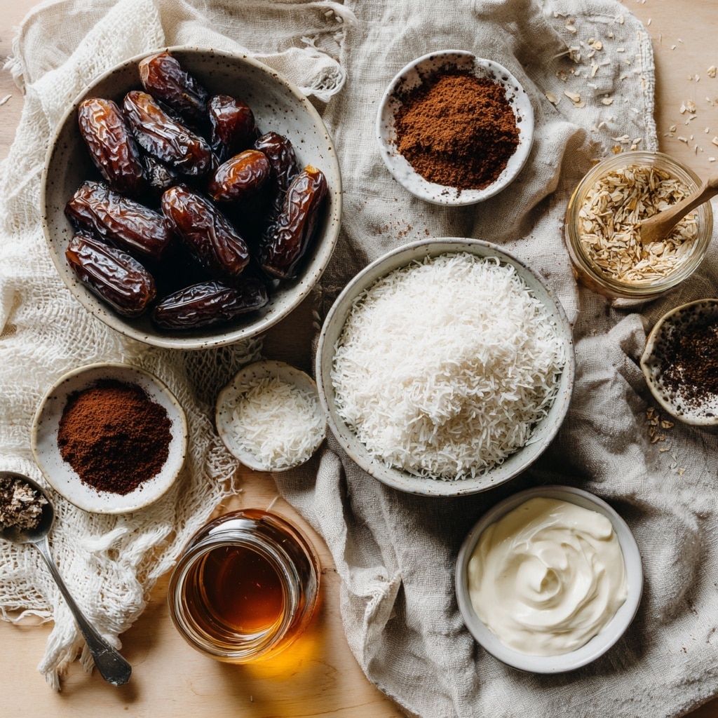 A clear food processor bowl filled with dry cocoa powder covering most of the inside. Beneath the powder, there are visible dark brown dates and white coconut flakes scattered on the bottom. The blade in the center is black with a few coconut flakes on top. The food processor base is black, and the setup sits on a white marbled surface. photo taken with an iphone --ar 4:5 --v 7