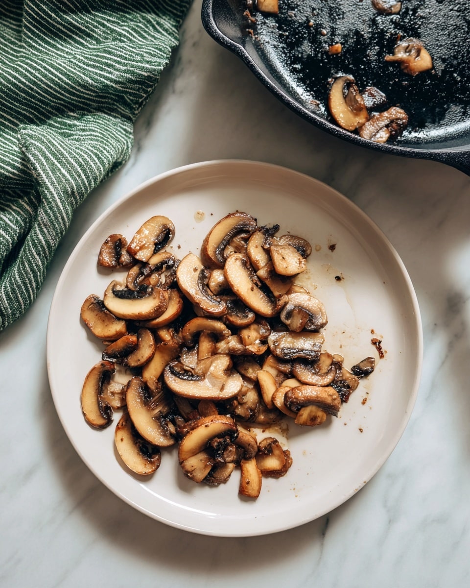 A white plate sits on a white marbled surface with cooked sliced mushrooms piled on it, showing shades of brown and a slightly shiny, soft texture; next to the plate is a black cast iron skillet with a few oil marks and small bits left, and in the upper left corner, a green striped cloth is partially visible, photo taken with an iphone --ar 4:5 --v 7