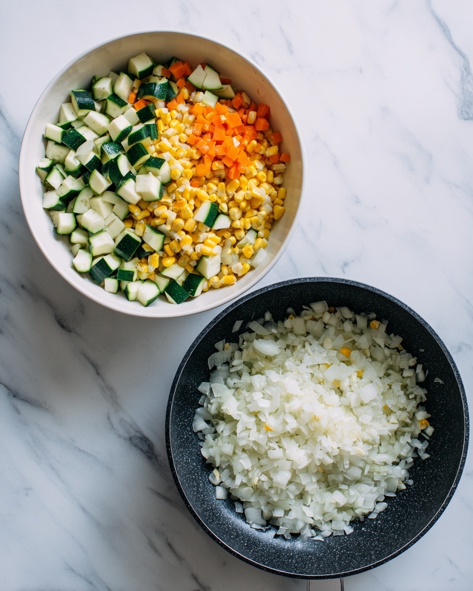 The image shows two parts: on the left, a white bowl containing three layers of chopped vegetables – green and white cubes of zucchini, small orange carrot pieces, and yellow corn kernels with some corn cob pieces in the center; on the right, a dark pan with a single layer of finely chopped white onions spread evenly on the surface. Both items are placed on a white marbled texture. Photo taken with an iphone --ar 4:5 --v 7