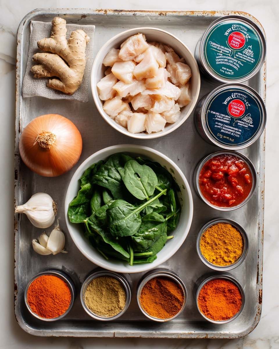 A metal tray holds neatly arranged ingredients on a white marbled surface: on the top left is a small bag of light brown fresh ginger root, next to a white bowl filled with cubed pale cooked chicken pieces. To the right of the bowl are two cans - one with a dark blue and red label showing chunky chopped tomatoes, and the other can with a dark label displaying reduced fat coconut milk. Below the cans is a white bowl filled with vibrant green fresh spinach leaves. On the bottom left of the tray, there is a whole brown onion and two cloves of garlic placed beside it. Along the bottom edge of the tray, seven spice containers with bright orange lids are lined up in a row, labeled with curry powder, ground cumin, smoked paprika, ground coriander, turmeric, and garam masala. The overall look is clean and colorful with natural textures. Photo taken with an iphone --ar 4:5 --v 7