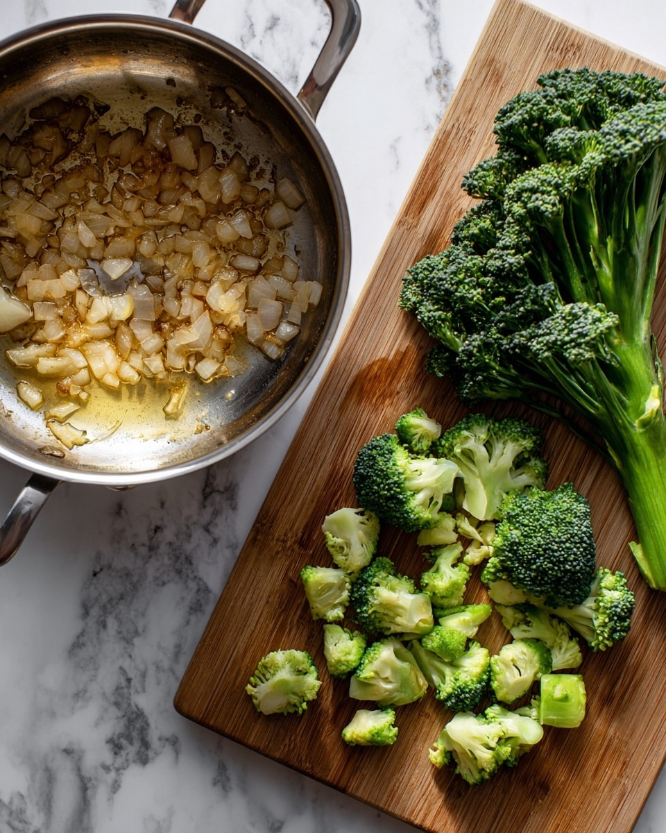 The image shows two parts: on the left is a shiny metal pot with small, light brown cooked onions spread thinly on the bottom, showing a slightly oily texture on a white marbled surface. On the right is a wooden cutting board with dark green broccoli flowers at the top, a section of bright green broccoli stalk in the middle, and smaller light green chopped broccoli pieces scattered around, all arranged neatly on the board placed against the same white marbled background. photo taken with an iphone --ar 4:5 --v 7