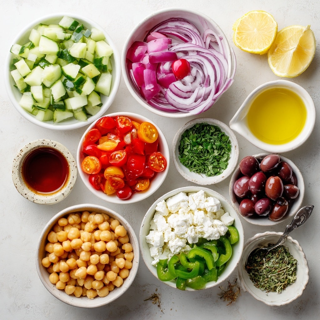 A clear textured glass bowl on a white marbled surface contains a colorful layered salad. The bottom layer is made up of evenly spaced fresh vegetables: bright red cherry tomatoes at the bottom, light green cucumber pieces on the right, yellow pepper rings on the left, dark purple and green olives at the top, thinly sliced purple onions on the upper left, green bell pepper strips on the mid-left, green chopped parsley at the top-right, and a center cluster of pale beige chickpeas. Next to the bowl, a small white bowl with a yellow dressing is visible. On the right side, a close-up shows the same glass bowl now mixed with all ingredients combined, showing a colorful mix of red, green, purple, yellow and beige with small white cheese crumbles scattered throughout. A wooden spoon with a metal handle rests inside the bowl. The setting is bright and clean. Photo taken with an iphone --ar 4:5 --v 7