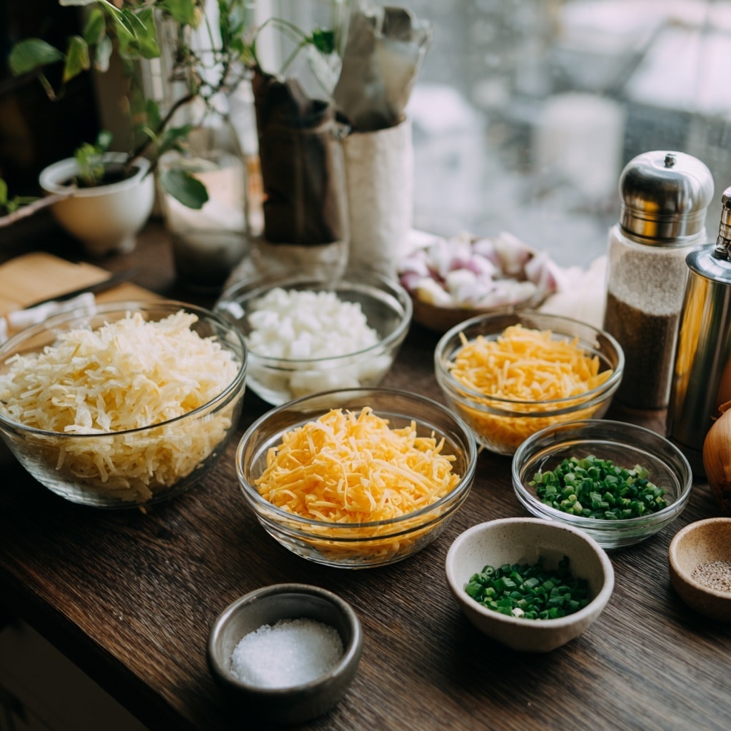 The image shows two close-up views inside a white waffle maker. On the left side, there is a layer of raw, shredded potatoes seasoned with small green herbs and black pepper, all spread evenly over the waffle maker's surface. The shredded potatoes have a mix of white and light yellow colors with rough, thin texture. On the right side, the cooked version of the potato layer is shown, with a golden brown, crispy finish, some darker spots from cooking, and a slightly chunky, crunchy texture. The waffle maker’s ridged surface presses the potatoes into a waffle shape. The background is a white marbled texture. photo taken with an iphone --ar 4:5 --v 7