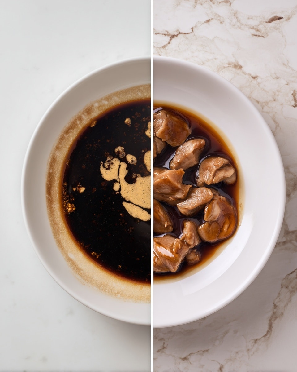 Two images side by side show a white bowl on a white marbled surface. The left image has a dark thick liquid spread evenly with some cream-colored bits in the center, showing a slightly messy edge of splashes on the bowl's inside. The right image shows the same white bowl filled with several pieces of light brown meat soaked in the dark liquid, evenly distributed and glossy. Photo taken with an iphone --ar 4:5 --v 7