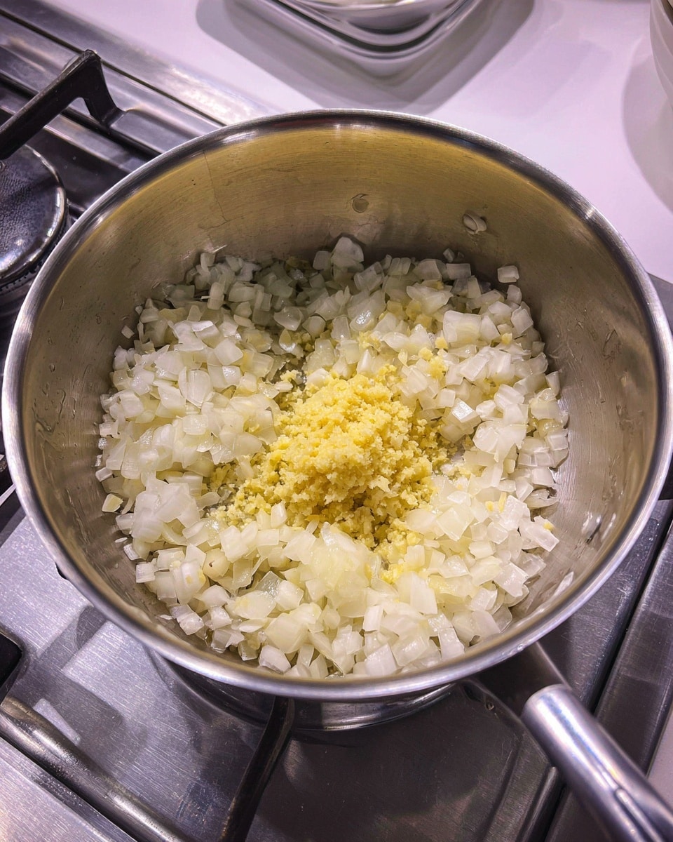Inside a shiny silver cooking pot, there is one layer of small white onion pieces that fill most of the bottom. On top, in the center, there is a smaller pile of finely chopped light yellow garlic. The pot sits on a metal stove, with parts of the white kitchen counter visible in the background. photo taken with an iphone --ar 4:5 --v 7