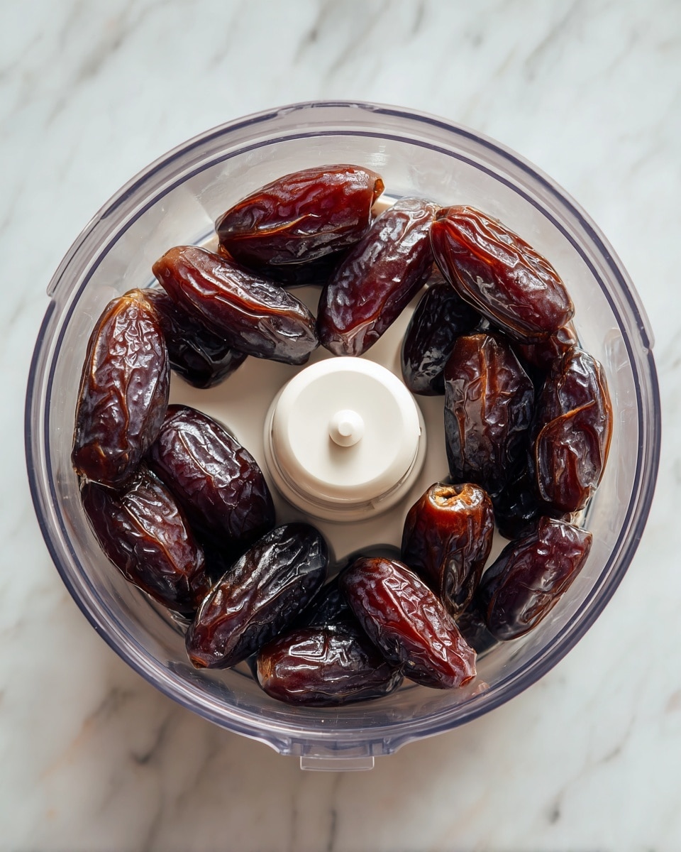 A top view of a food processor bowl filled with dark brown, shiny date halves arranged evenly inside. The food processor bowl is clear plastic with a white blade unit in the center. The background shows a white marbled texture surface under the food processor. photo taken with an iphone --ar 4:5 --v 7