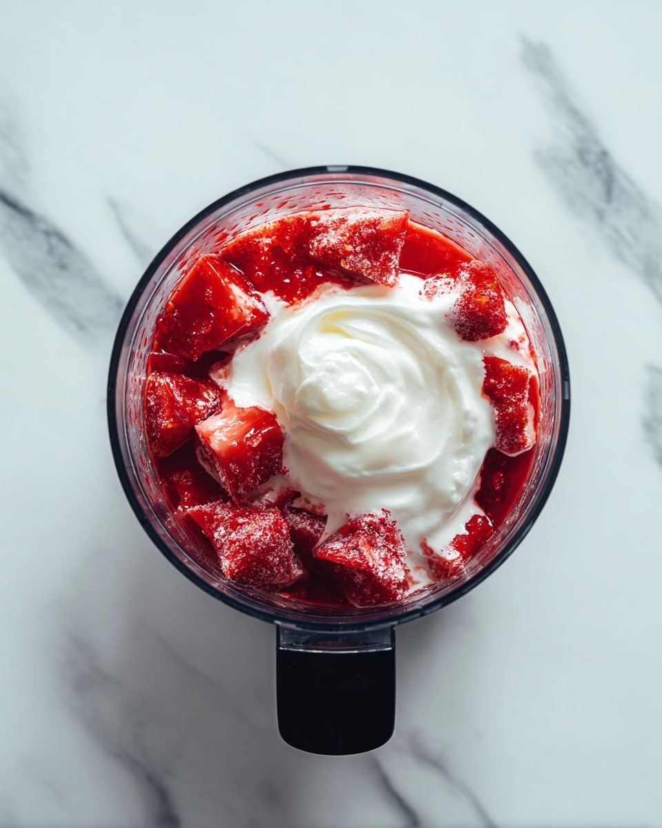 The image shows a top view of a black food processor filled with layers of bright red frozen strawberries at the bottom and a thick layer of white creamy yogurt on top. The strawberries have a frosty texture and are visible inside the clear bowl of the processor. The food processor sits on a white marbled surface. Photo taken with an iphone --ar 4:5 --v 7