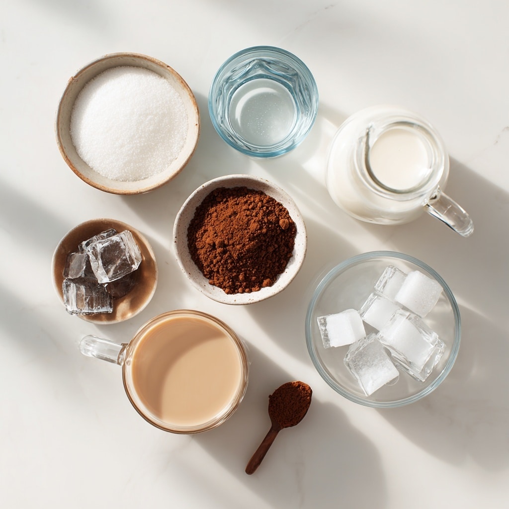 Two clear glasses hold a drink with two layers: the bottom half is white milk and the top half is thick, creamy light brown foam swirled into a soft peak. The foam has small dark brown powder sprinkles scattered on top. The glasses sit on a white marbled surface with two metal spoons blurred in the background. The lighting highlights the smooth texture of the foam and the swirl pattern on top of each glass. photo taken with an iphone --ar 4:5 --v 7
