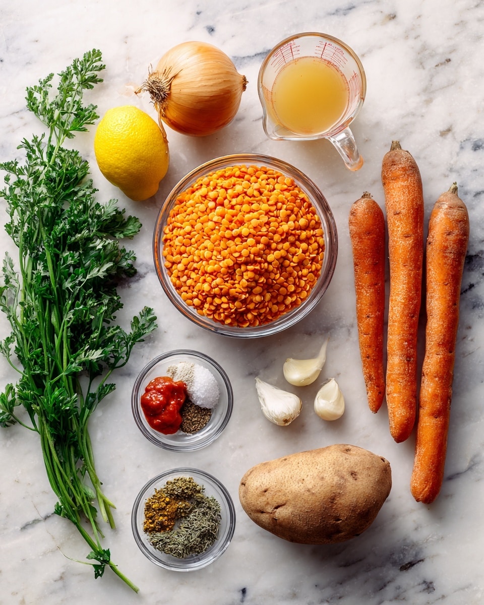 The image shows a flat lay of raw ingredients on a white marbled surface, arranged neatly in a loose cluster. At the center, there is a clear glass bowl filled with bright orange lentils. To the top right, a clear glass measuring cup holds light golden colored broth. To the right of the lentils, three orange carrots with rough texture lie side by side. At the bottom right, a large, brown potato with a slightly rough skin rests. Below the lentils, there are two small garlic cloves with pale skin. To the left of the lentils, there are two small clear bowls with dried herbs and a mix of spices including red, black, and white colors. Above these bowls is a fresh lemon with a yellow bumpy skin. Towards the top left corner, a large yellow onion with its dry outer skin sits beside a bunch of green parsley with delicate, leafy stems. Near the spices, a small dollop of bright red tomato paste is in a tiny clear bowl. The whole layout is crisp and colorful, with each item clearly visible. Photo taken with an iphone --ar 4:5 --v 7