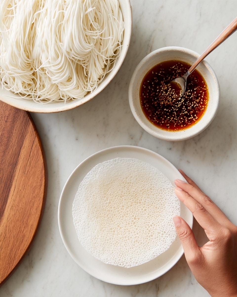 The image shows three parts: the first part is a white bowl filled with a pile of white thin noodles; the second part is a white bowl with a mix of brown sauce with visible white and black sesame seeds, with a spoon in it; the third part shows a woman's hand lightly touching a round white plate holding a single transparent rice paper sheet with a textured pattern on it, all placed on a white marbled surface with a wooden cutting board partially visible to the side photo taken with an iphone --ar 4:5 --v 7