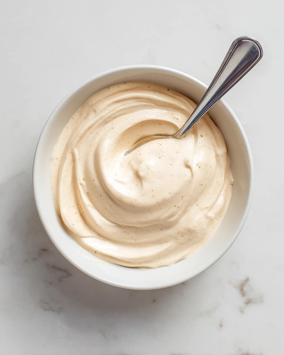 A round pizza with a golden-brown crust topped with a base layer of creamy beige hummus spread evenly. On top, there is a generous layer of fresh dark green spinach leaves covering most of the pizza. Scattered across are several pale yellow tender artichoke hearts, some with light grill marks. Thinly sliced light purple shallots are spread throughout, adding texture. Small green capers are sprinkled across the surface. There are dollops of creamy white sauce drizzled over the top, with small hints of orange-red spice or sauce drops adding color contrast. The pizza is placed on a wooden board with a white marble surface visible under it, alongside a white bowl with some creamy sauce and a jar with red chili oil and a spoon next to it. photo taken with an iphone --ar 4:5 --v 7